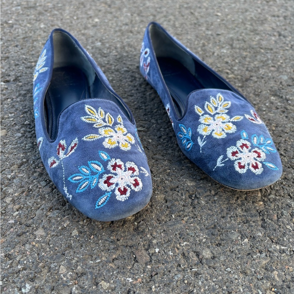 Tory Burch Embroidered Floral Slip on Flats Blue Women’s Size 8.5 Boho chic y2k